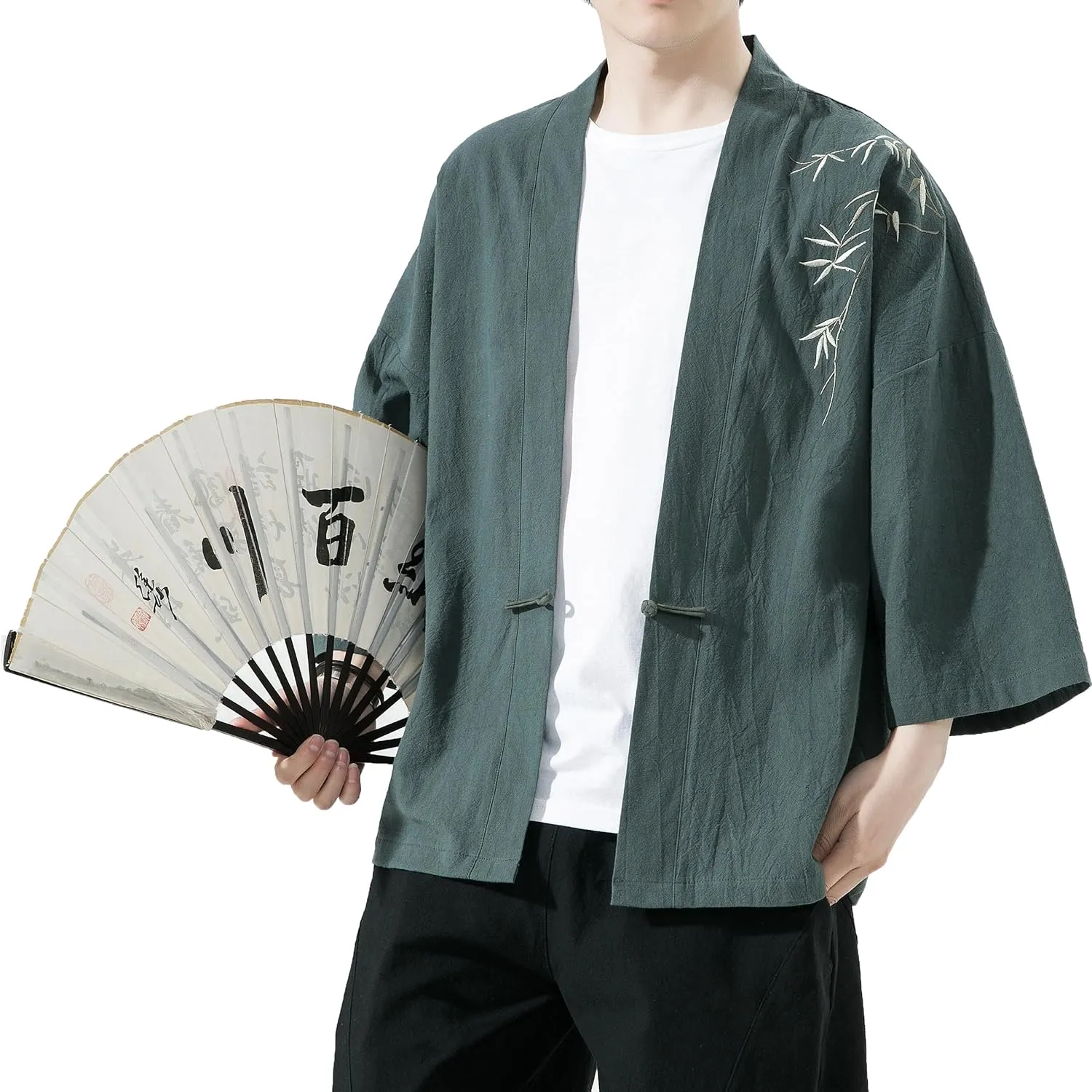 PRIJOUHE Men's Kimono Jackets Cardigan Casual Cotton Blends Linen Seven Sleeve Open Front Embroidery Coat