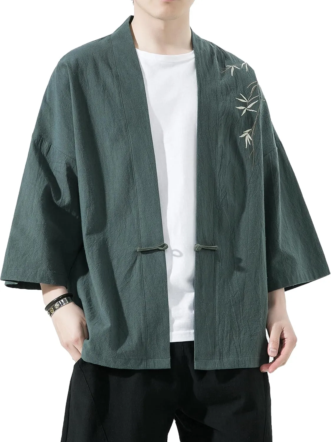 PRIJOUHE Men's Kimono Jackets Cardigan Casual Cotton Blends Linen Seven Sleeve Open Front Embroidery Coat