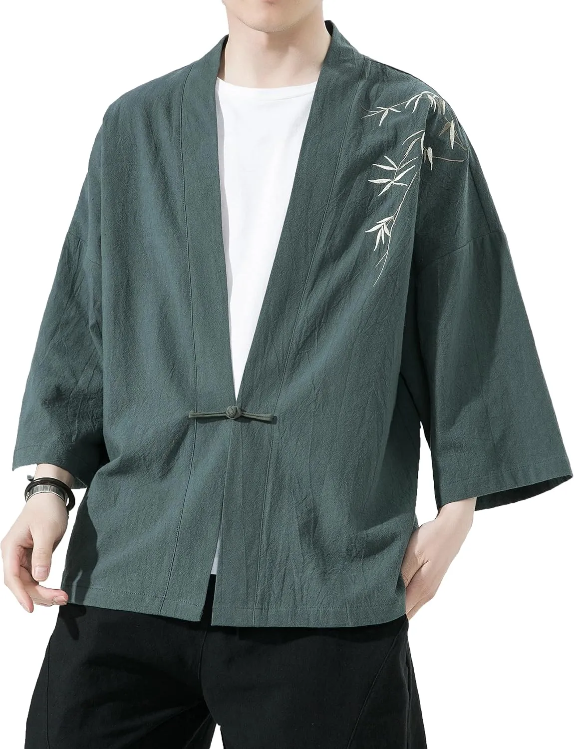 PRIJOUHE Men's Kimono Jackets Cardigan Casual Cotton Blends Linen Seven Sleeve Open Front Embroidery Coat