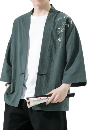 PRIJOUHE Men's Kimono Jackets Cardigan Casual Cotton Blends Linen Seven Sleeve Open Front Embroidery Coat