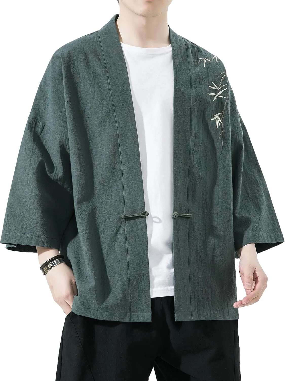 PRIJOUHE Men's Kimono Jackets Cardigan Casual Cotton Blends Linen Seven Sleeve Open Front Embroidery Coat