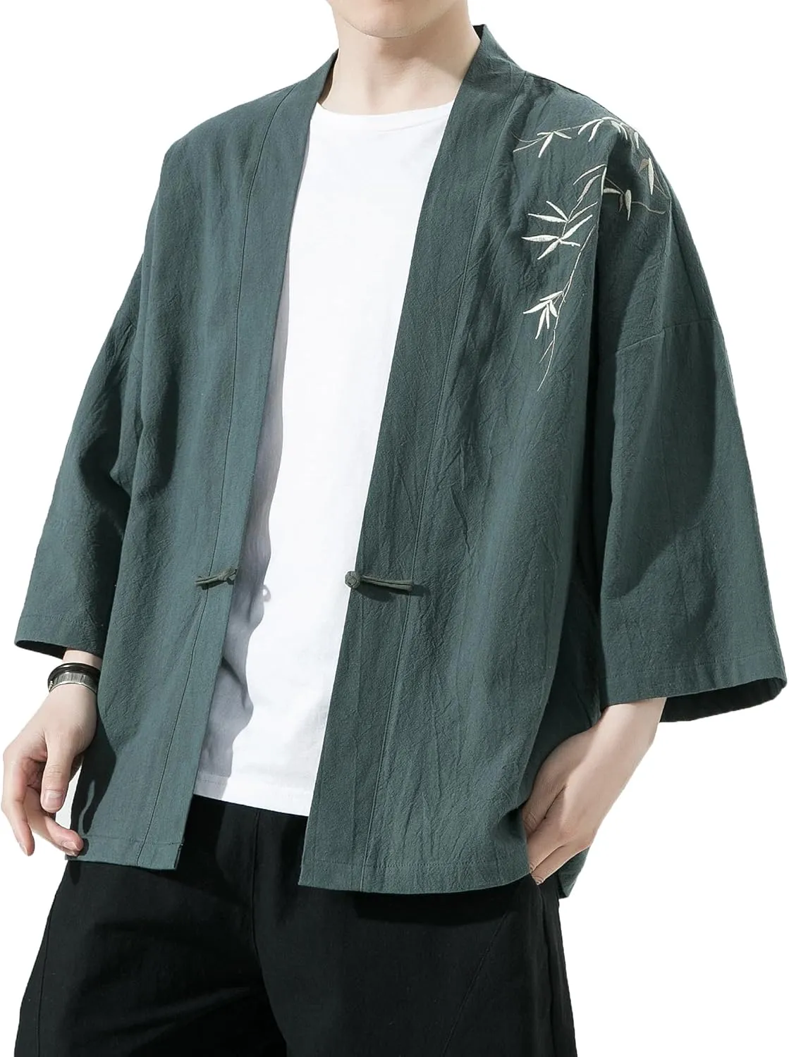 PRIJOUHE Men's Kimono Jackets Cardigan Casual Cotton Blends Linen Seven Sleeve Open Front Embroidery Coat