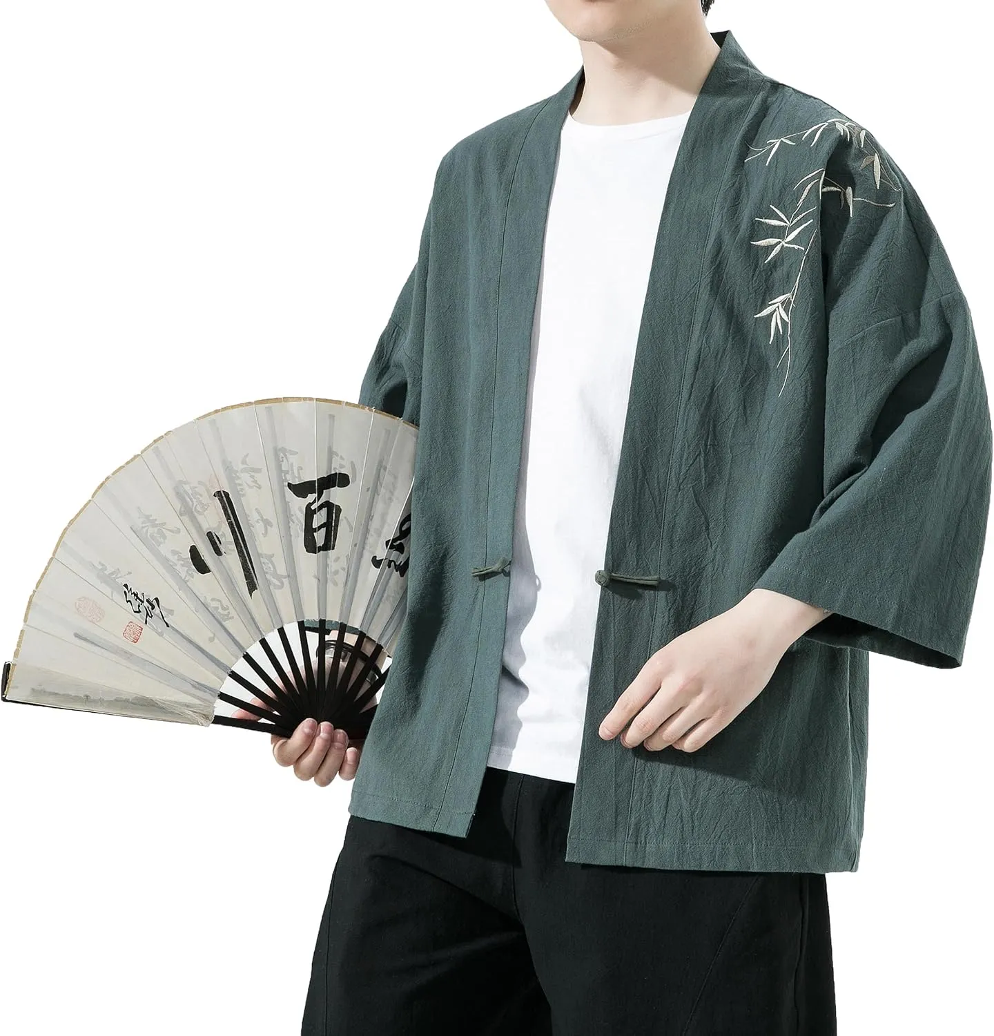 PRIJOUHE Men's Kimono Jackets Cardigan Casual Cotton Blends Linen Seven Sleeve Open Front Embroidery Coat