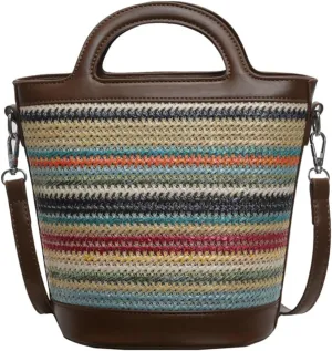 Rainbow Straw Tote Bag Womens Small Top-Handle Purse Stylish Cross-body Bag Summer Beach Clutch Purse College Bucket Bag