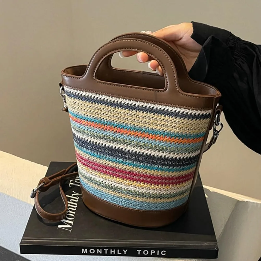 Rainbow Straw Tote Bag Womens Small Top-Handle Purse Stylish Cross-body Bag Summer Beach Clutch Purse College Bucket Bag