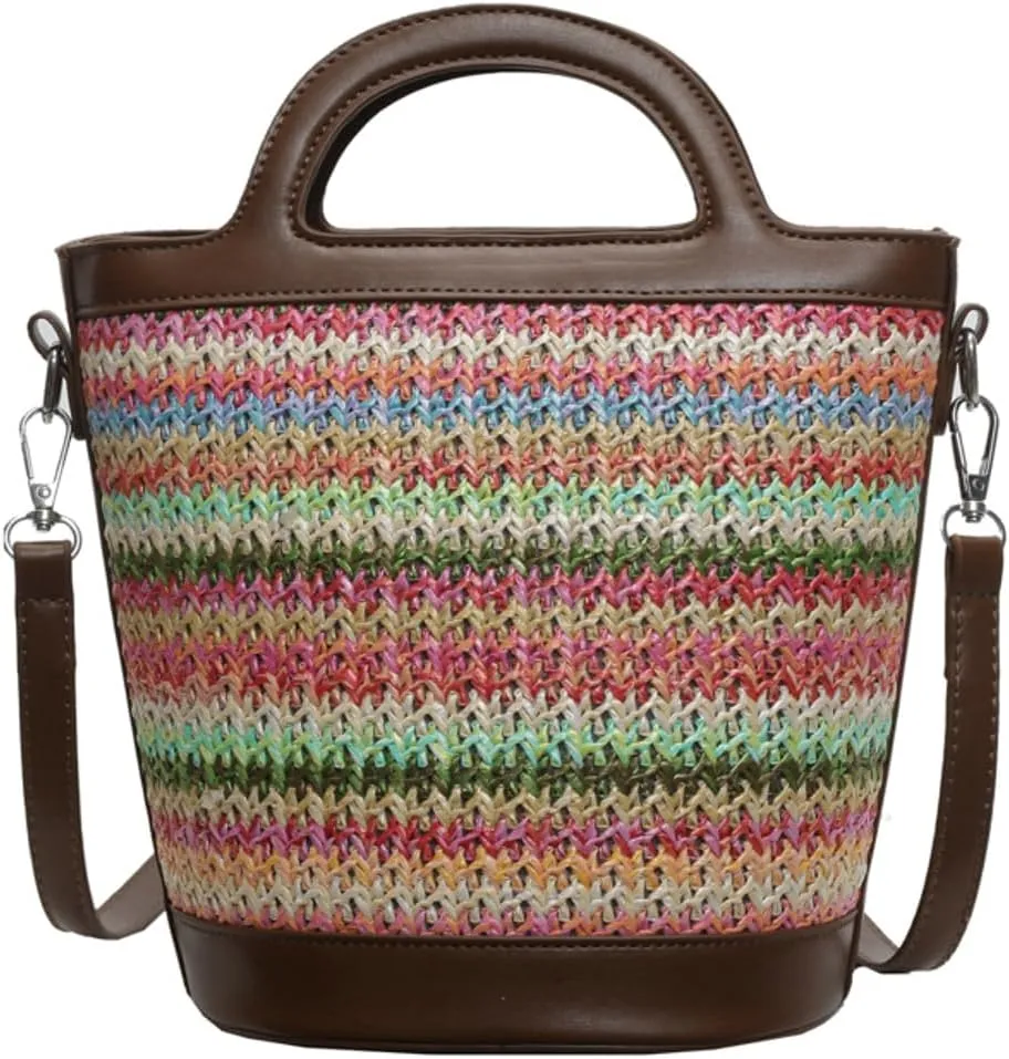 Rainbow Straw Tote Bag Womens Small Top-Handle Purse Stylish Cross-body Bag Summer Beach Clutch Purse College Bucket Bag