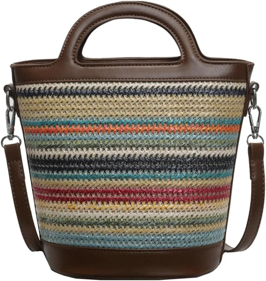 Rainbow Straw Tote Bag Womens Small Top-Handle Purse Stylish Cross-body Bag Summer Beach Clutch Purse College Bucket Bag