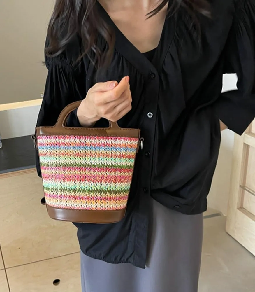 Rainbow Straw Tote Bag Womens Small Top-Handle Purse Stylish Cross-body Bag Summer Beach Clutch Purse College Bucket Bag