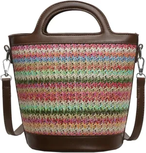 Rainbow Straw Tote Bag Womens Small Top-Handle Purse Stylish Cross-body Bag Summer Beach Clutch Purse College Bucket Bag