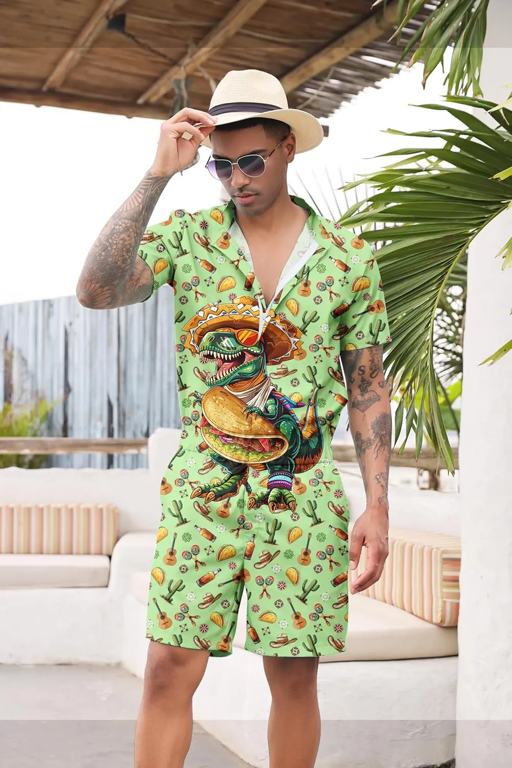 RAISEVERN Mens Romper Zipper Jumpsuit Male Shorts Sleeve One Piece Overalls Bro Outfits