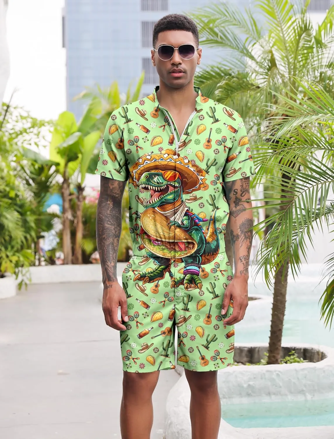 RAISEVERN Mens Romper Zipper Jumpsuit Male Shorts Sleeve One Piece Overalls Bro Outfits
