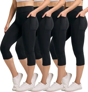 Real Essentials 4 Pack: Women's Capri Leggings with Pockets Casual Yoga Workout Exercise Pants (Available in Plus Size)
