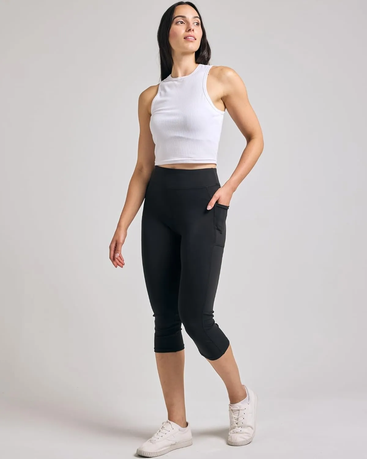 Real Essentials 4 Pack: Women's Capri Leggings with Pockets Casual Yoga Workout Exercise Pants (Available in Plus Size)