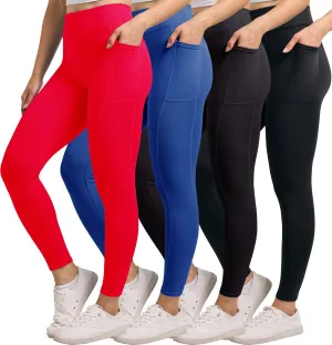 Real Essentials 4-Pack: Women's Full Length Fitted Athletic Yoga Performance Leggings with Pockets (Available in Plus Size)