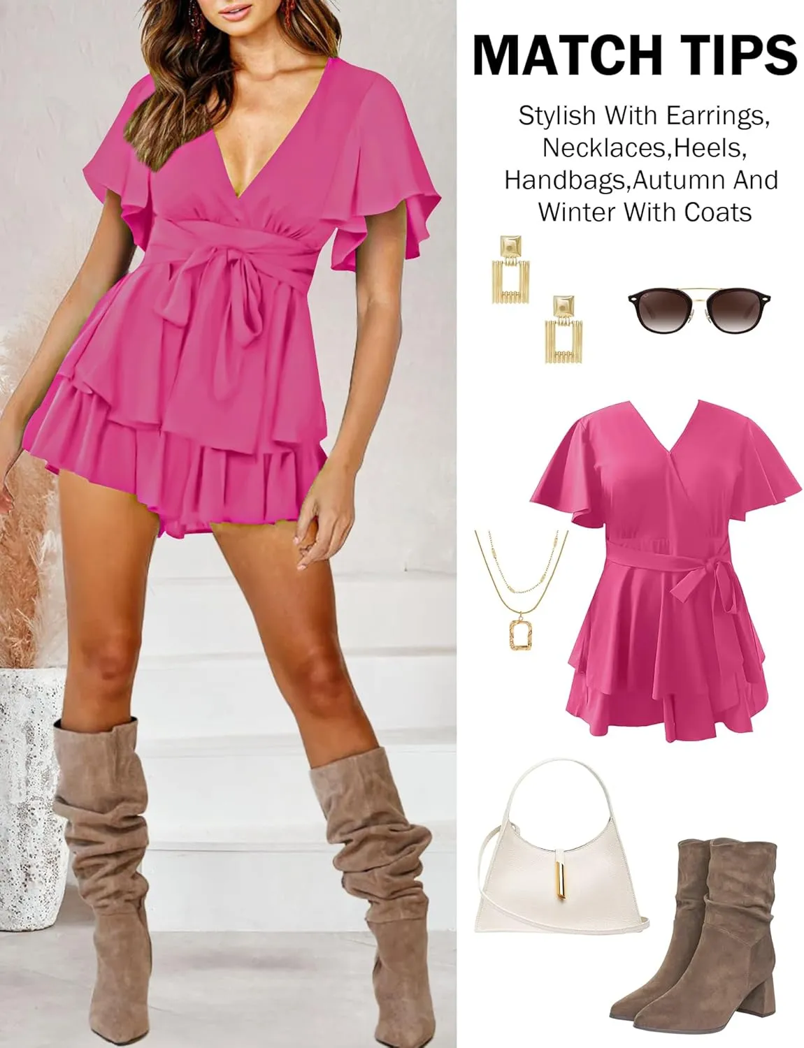 Relipop Women's Floral Rompers Jumpsuits V Neck Short Baggy Sleeve Waist Tie Double Layer Ruffle Hem Romper 2025 Trendy