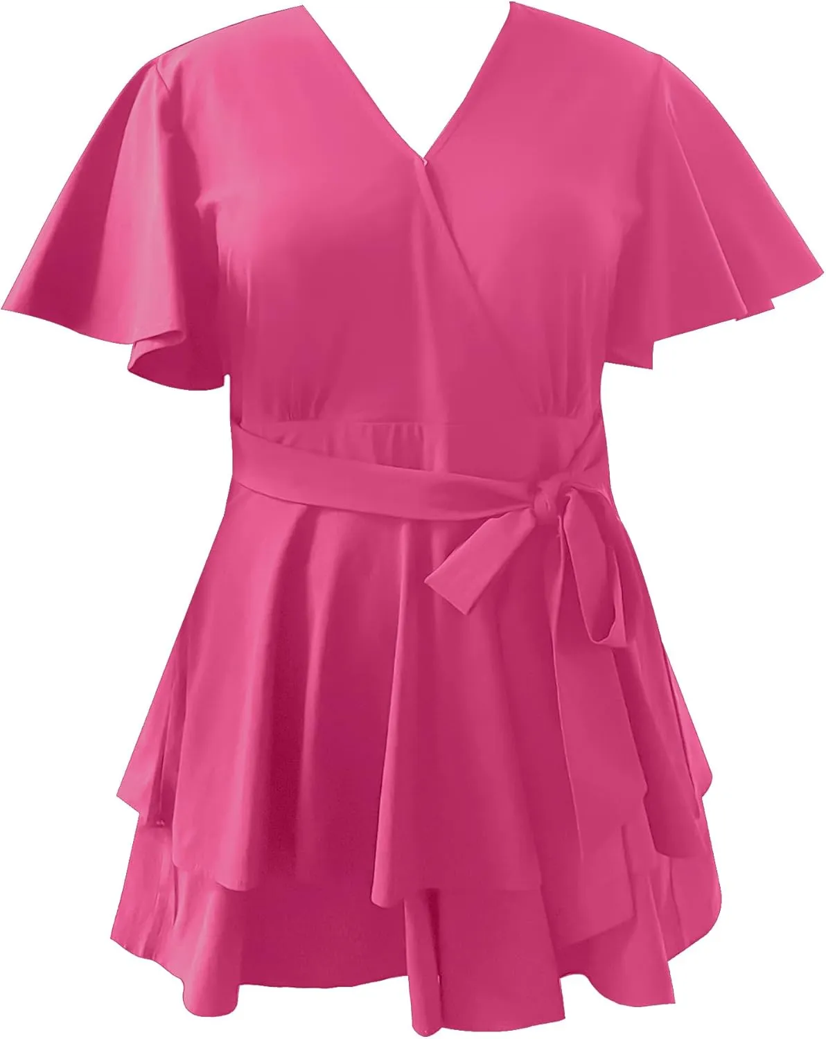 Relipop Women's Floral Rompers Jumpsuits V Neck Short Baggy Sleeve Waist Tie Double Layer Ruffle Hem Romper 2025 Trendy