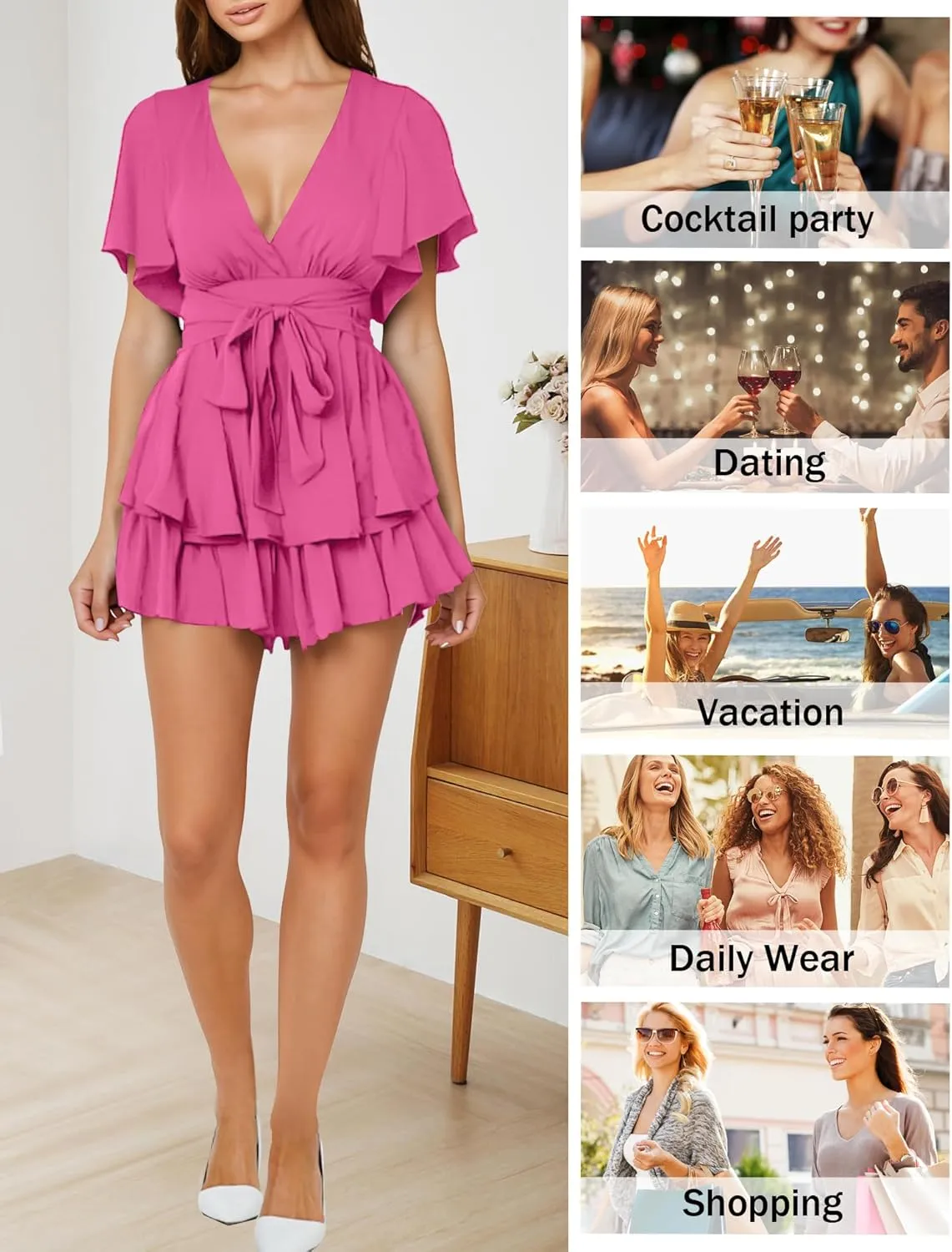 Relipop Women's Floral Rompers Jumpsuits V Neck Short Baggy Sleeve Waist Tie Double Layer Ruffle Hem Romper 2025 Trendy