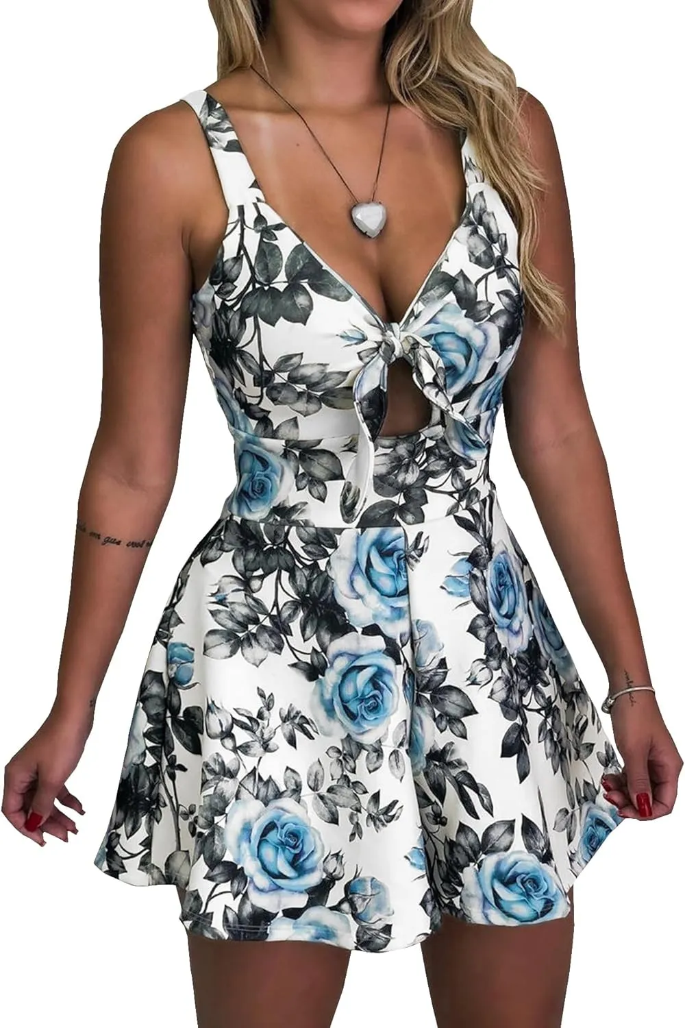 Relipop Women's Jumpsuits Floral Print Spaghetti Straps Sleeveless V Neck Front Tie Knot Rompers 2025 Beach Vacation Outfits