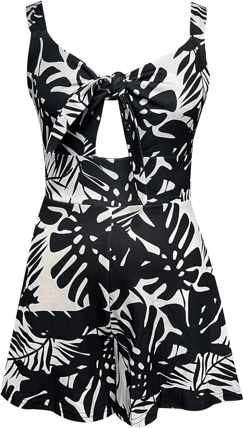 Relipop Women's Jumpsuits Floral Print Spaghetti Straps Sleeveless V Neck Front Tie Knot Rompers 2025 Beach Vacation Outfits