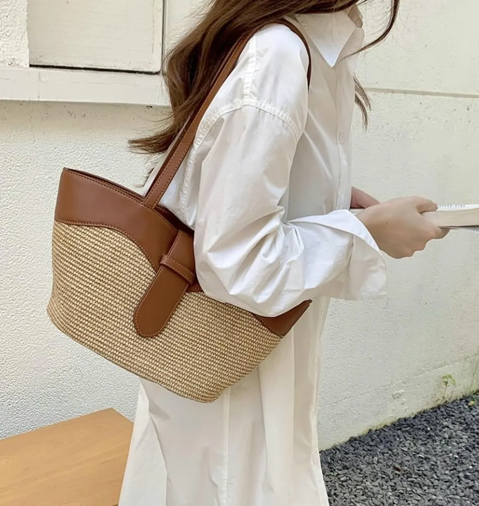 Rungion Womens Straw Beach Bags Large Woven Bucket Tote Purse Casual Straw Shoulder Bag Top Handle Handbags for Daily Use