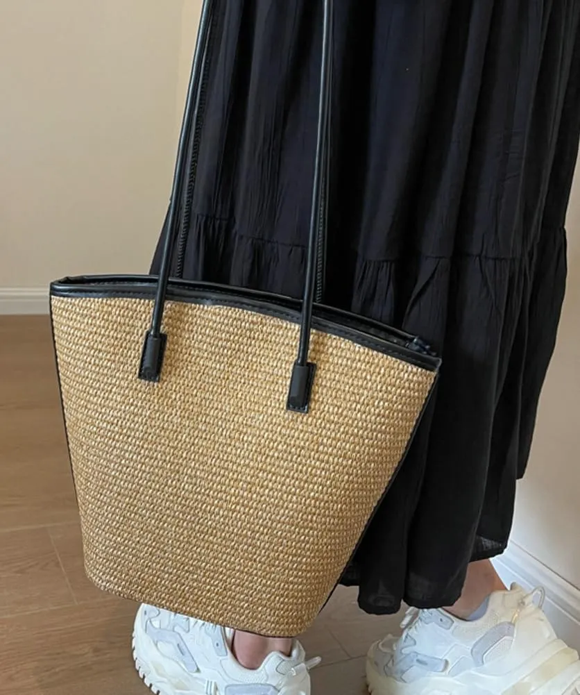 Rungion Womens Straw Beach Bags Large Woven Bucket Tote Purse Casual Straw Shoulder Bag Top Handle Handbags for Daily Use