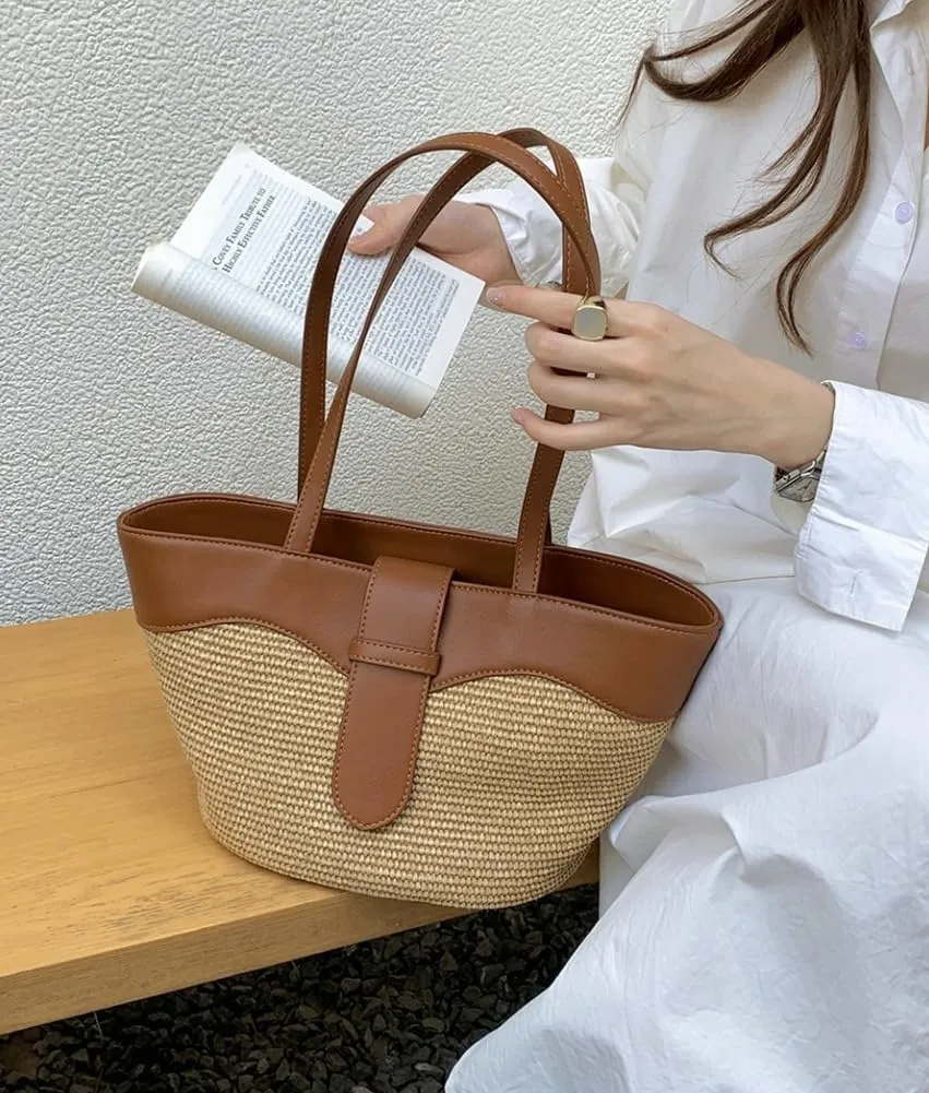 Rungion Womens Straw Beach Bags Large Woven Bucket Tote Purse Casual Straw Shoulder Bag Top Handle Handbags for Daily Use
