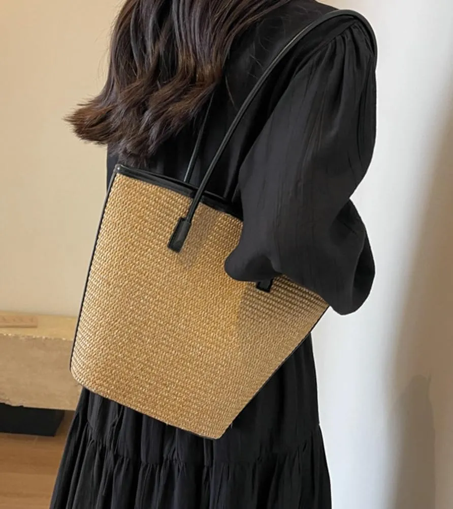 Rungion Womens Straw Beach Bags Large Woven Bucket Tote Purse Casual Straw Shoulder Bag Top Handle Handbags for Daily Use
