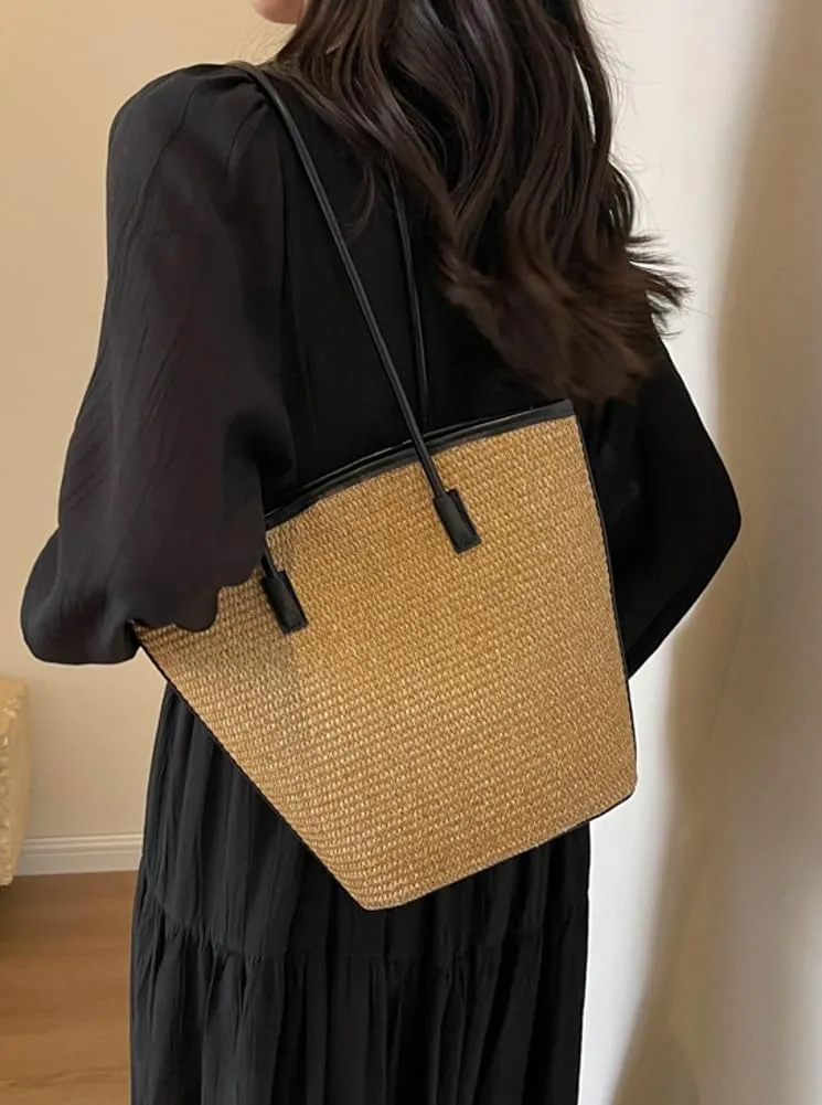 Rungion Womens Straw Beach Bags Large Woven Bucket Tote Purse Casual Straw Shoulder Bag Top Handle Handbags for Daily Use