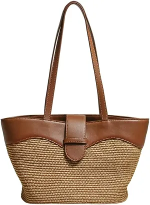 Rungion Womens Straw Beach Bags Large Woven Bucket Tote Purse Casual Straw Shoulder Bag Top Handle Handbags for Daily Use
