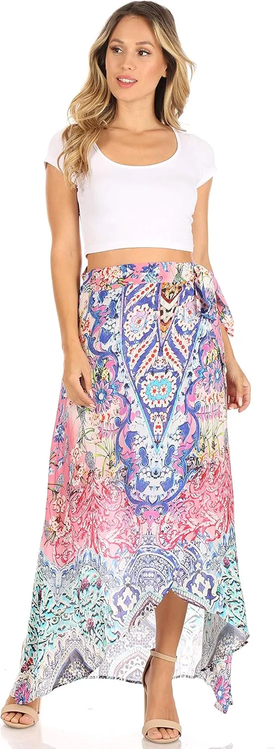 Sakkas Amaia Women's Maxi Floral Print Boho Summer Casual Long Wrap Skirt Cover-up
