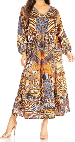 Sakkas Katty Women's V Neck Midi Casual Boho Maxi Long Sleeve Dress Floral Print