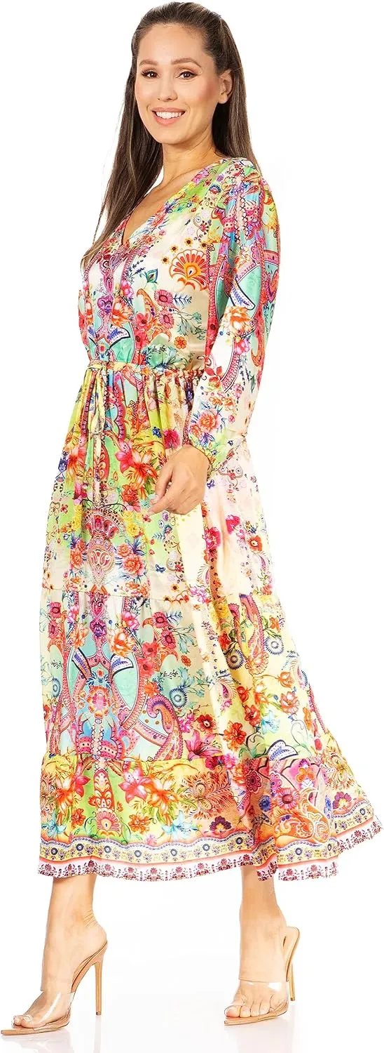 Sakkas Katty Women's V Neck Midi Casual Boho Maxi Long Sleeve Dress Floral Print