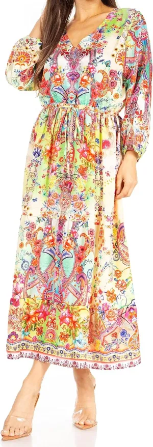 Sakkas Katty Women's V Neck Midi Casual Boho Maxi Long Sleeve Dress Floral Print