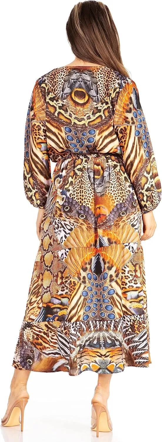 Sakkas Katty Women's V Neck Midi Casual Boho Maxi Long Sleeve Dress Floral Print