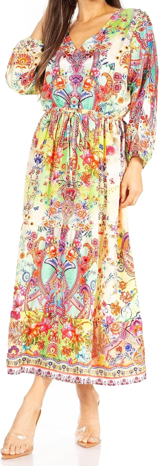 Sakkas Katty Women's V Neck Midi Casual Boho Maxi Long Sleeve Dress Floral Print