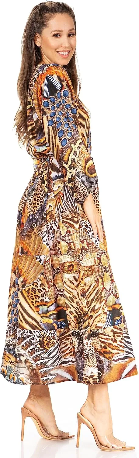 Sakkas Katty Women's V Neck Midi Casual Boho Maxi Long Sleeve Dress Floral Print