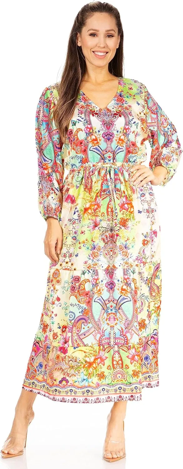 Sakkas Katty Women's V Neck Midi Casual Boho Maxi Long Sleeve Dress Floral Print