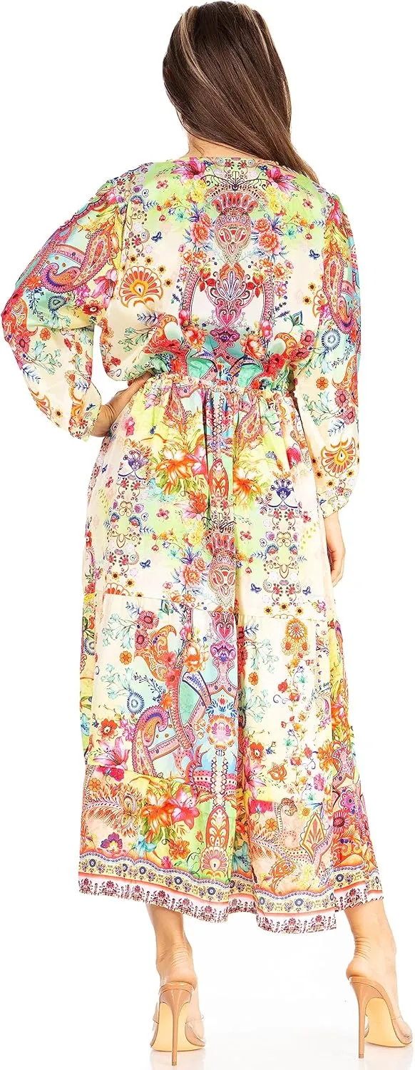 Sakkas Katty Women's V Neck Midi Casual Boho Maxi Long Sleeve Dress Floral Print