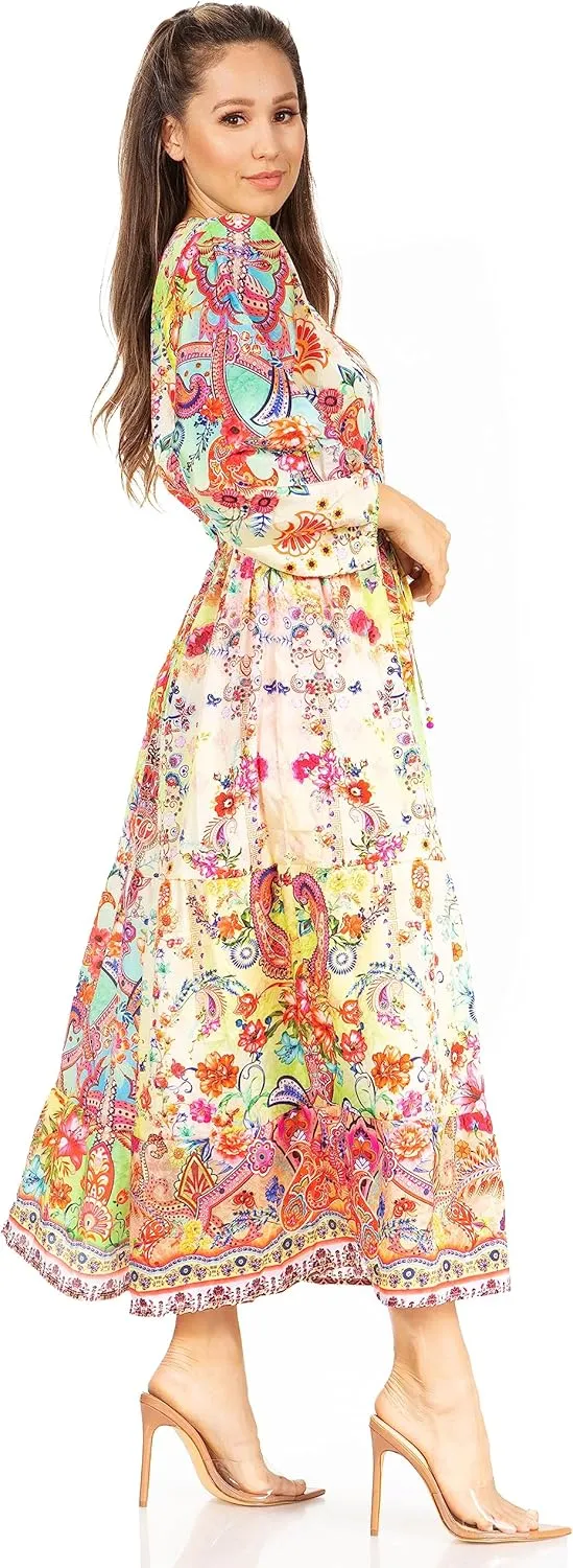 Sakkas Katty Women's V Neck Midi Casual Boho Maxi Long Sleeve Dress Floral Print