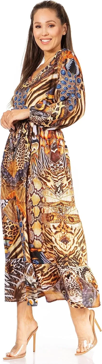 Sakkas Katty Women's V Neck Midi Casual Boho Maxi Long Sleeve Dress Floral Print