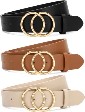 SANSTHS 3 Pack Women Waist Belts for Jeans Pants Dresses, Ladies Belt with Double O-Ring Gold Buckle