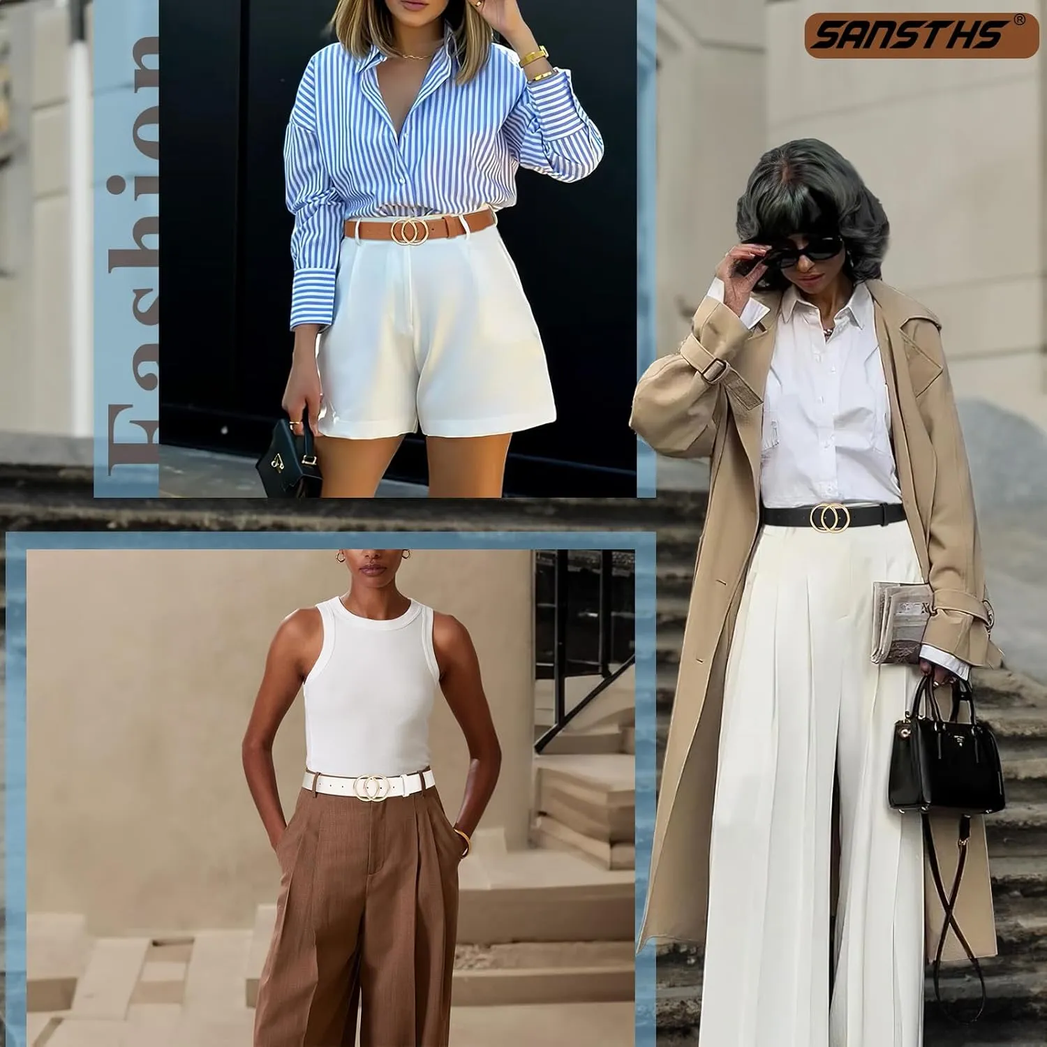 SANSTHS 3 Pack Women Waist Belts for Jeans Pants Dresses, Ladies Belt with Double O-Ring Gold Buckle