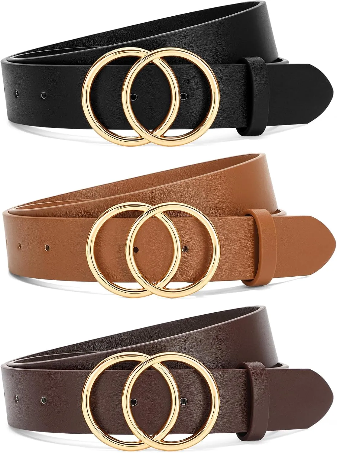 SANSTHS 3 Pack Women Waist Belts for Jeans Pants Dresses, Ladies Belt with Double O-Ring Gold Buckle