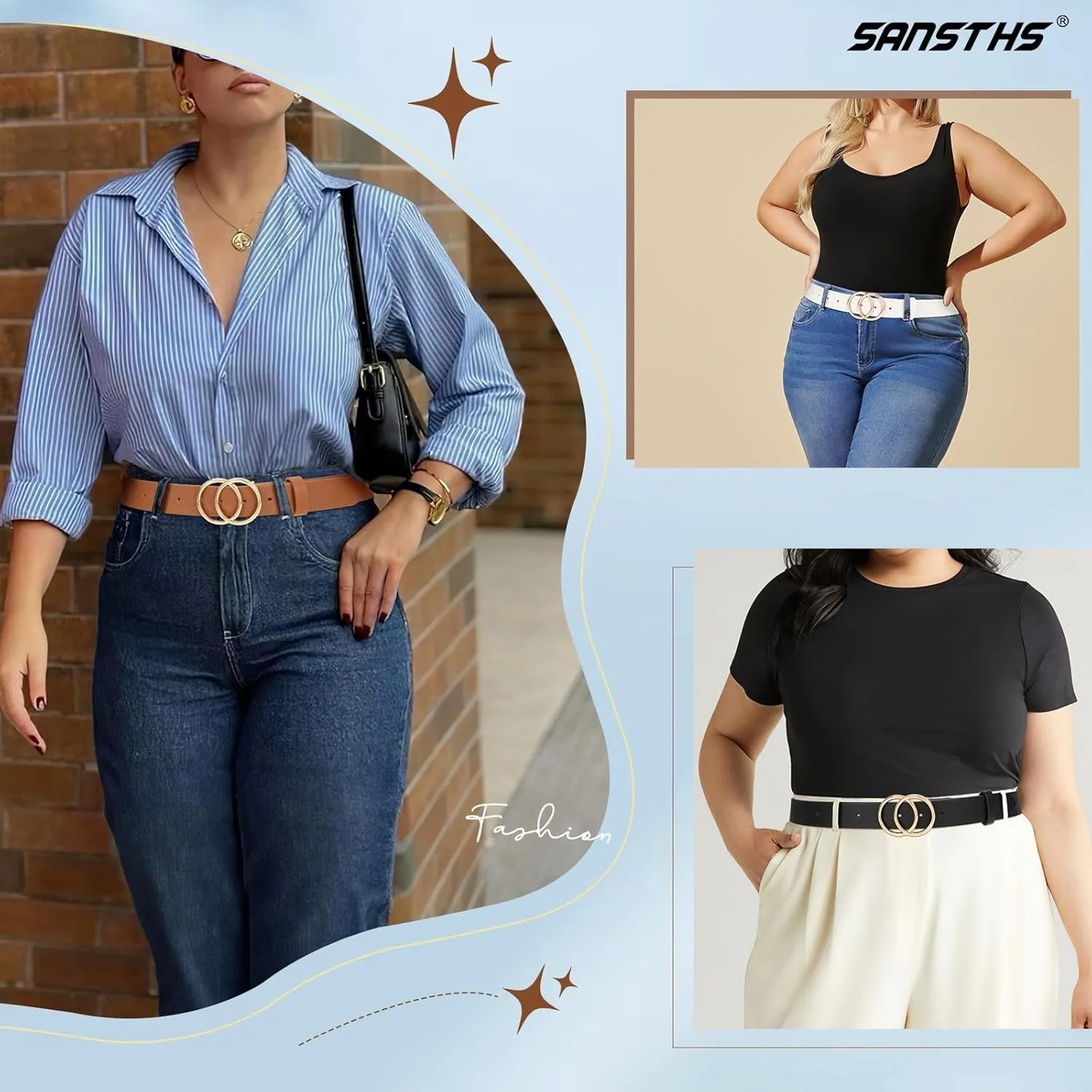 SANSTHS 3 Pack Women Waist Belts for Jeans Pants Dresses, Ladies Belt with Double O-Ring Gold Buckle