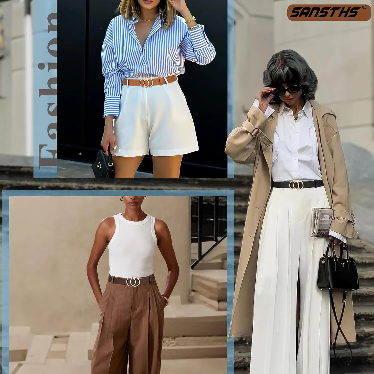 SANSTHS 3 Pack Women Waist Belts for Jeans Pants Dresses, Ladies Belt with Double O-Ring Gold Buckle