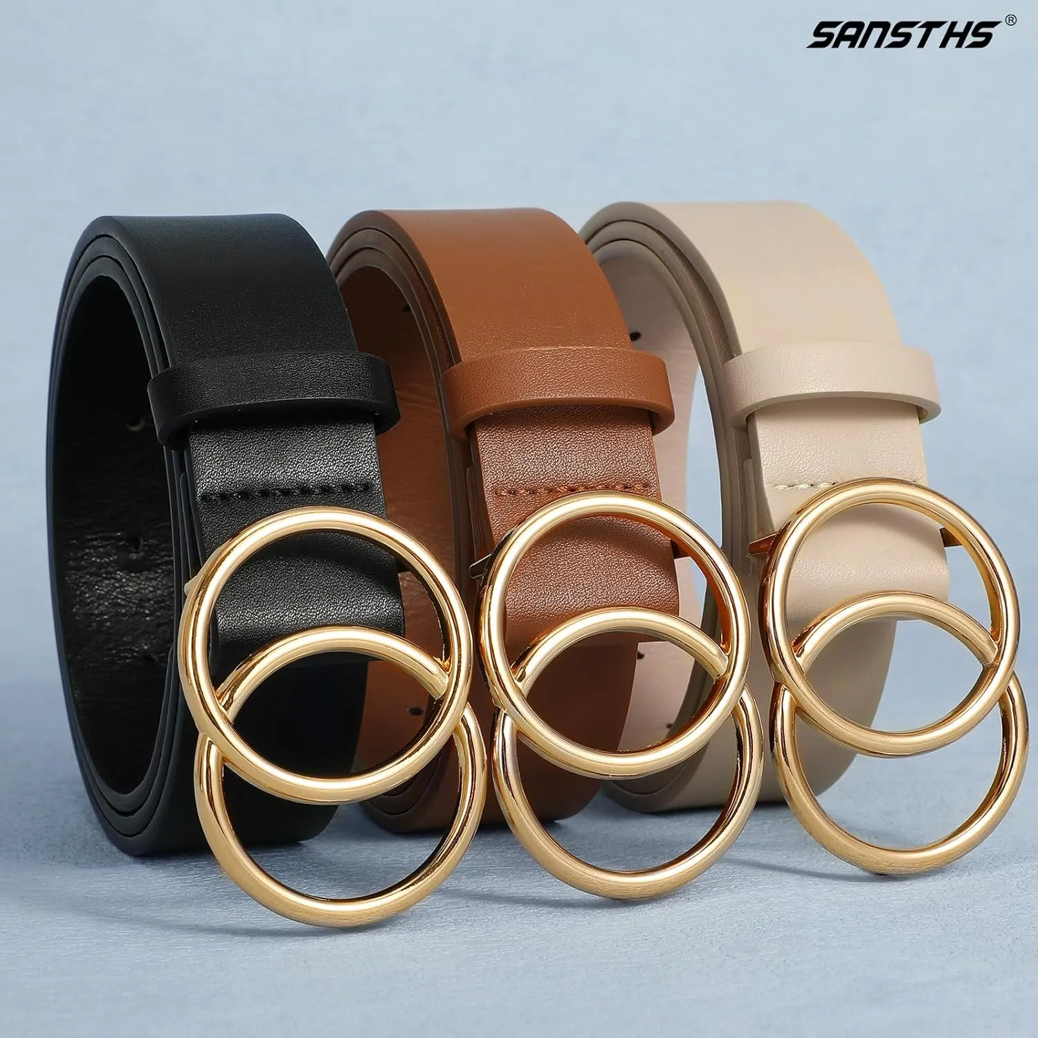 SANSTHS 3 Pack Women Waist Belts for Jeans Pants Dresses, Ladies Belt with Double O-Ring Gold Buckle