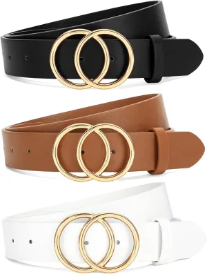 SANSTHS 3 Pack Women Waist Belts for Jeans Pants Dresses, Ladies Belt with Double O-Ring Gold Buckle