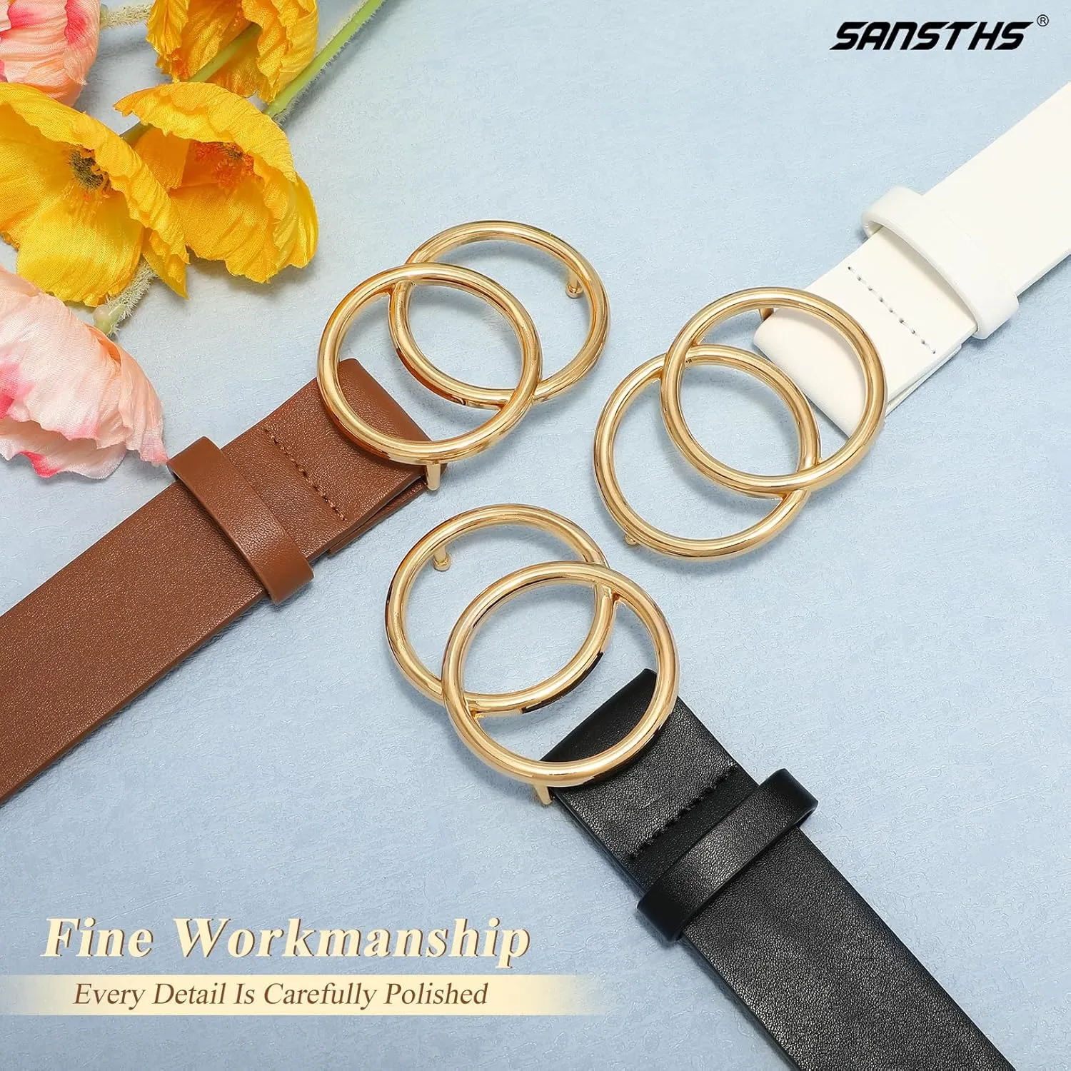 SANSTHS 3 Pack Women Waist Belts for Jeans Pants Dresses, Ladies Belt with Double O-Ring Gold Buckle