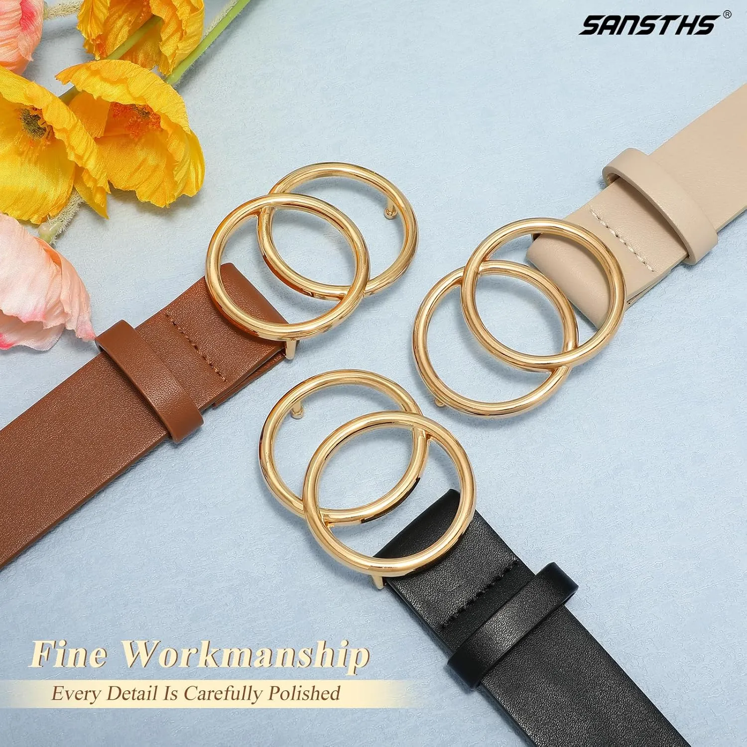 SANSTHS 3 Pack Women Waist Belts for Jeans Pants Dresses, Ladies Belt with Double O-Ring Gold Buckle