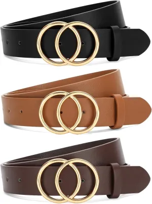 SANSTHS 3 Pack Women Waist Belts for Jeans Pants Dresses, Ladies Belt with Double O-Ring Gold Buckle